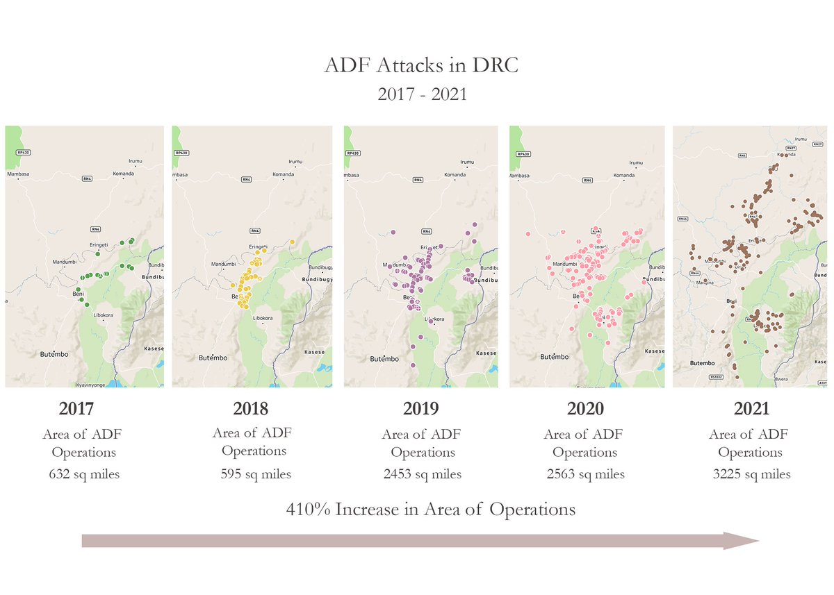 Map of ADF attacks in DRC between 2017 and Oct 2021 using @KivuSecurity data. The numbers clearly show a stark increase in both the group's attacks and overall area of operations, especially after 2017 - the year it began its integration into the Islamic State