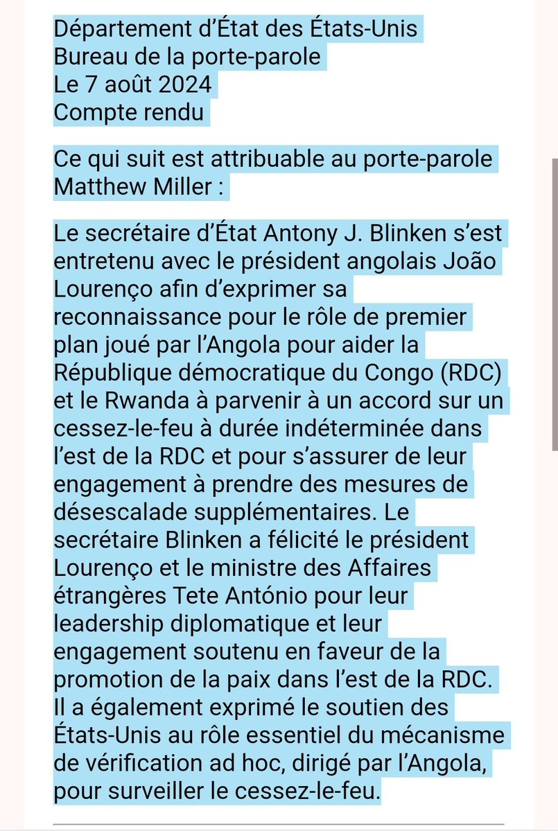 DRC/Rwanda: according to the US State Department, the ceasefire between Kinshasa and Kigali is of indefinite duration. Further de-escalation measures will follow. Washington supports the ad hoc verification mechanism led by Angola. On the ground, the M23 is making progress