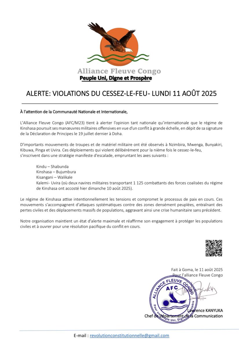 Demokratische Republik Kongo: AFC/M23 gibt bekannt, dass die FARDC und Wazalendo ihre Positionen auf mehreren Achsen konsolidieren: Kindu-Shabunda Kinshasa-Bujumbura Kisangani -Walikale Kalemie-Uvira (2 Militärschiffe mit 1.125 Elementen legten gestern, Sonntag, 10. August 2025, an)