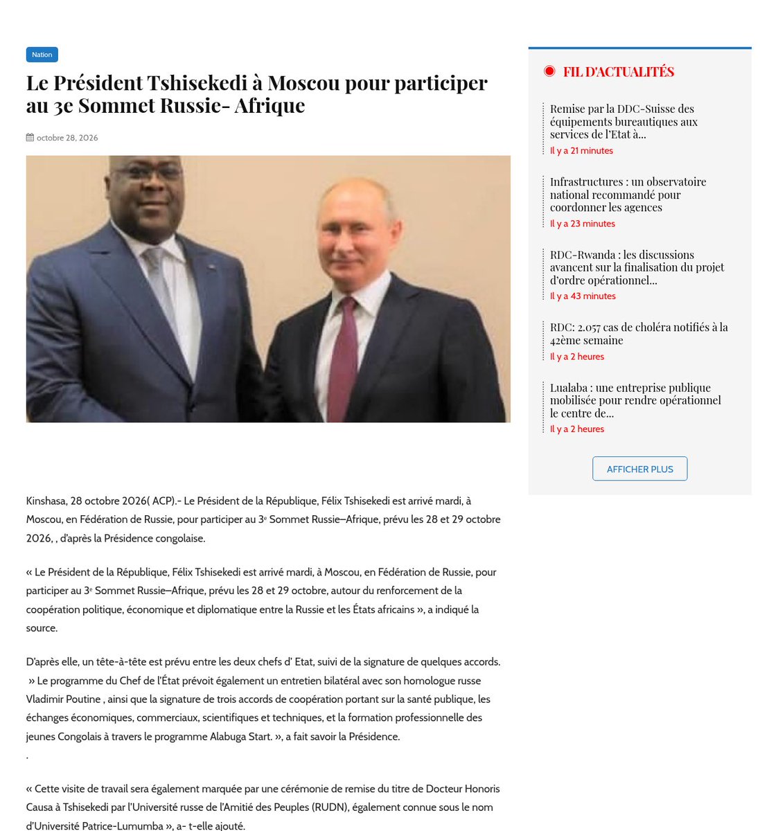 DR Congo's presidency says Félix Tshisekedi will sign three cooperation agreements with Russia during his visit to Moscow for the Russia-Africa summit. The other two cover public health and economic, trade, scientific and technical exchanges BUT the most interesting one is the one that covers training for young Congolese through the Alabuga Start programme
